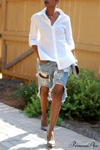 Fashion Holes Ripped Straight Denim Shorts Summer Streetwear Knee Length Women Shorts High Waist Casual Jean