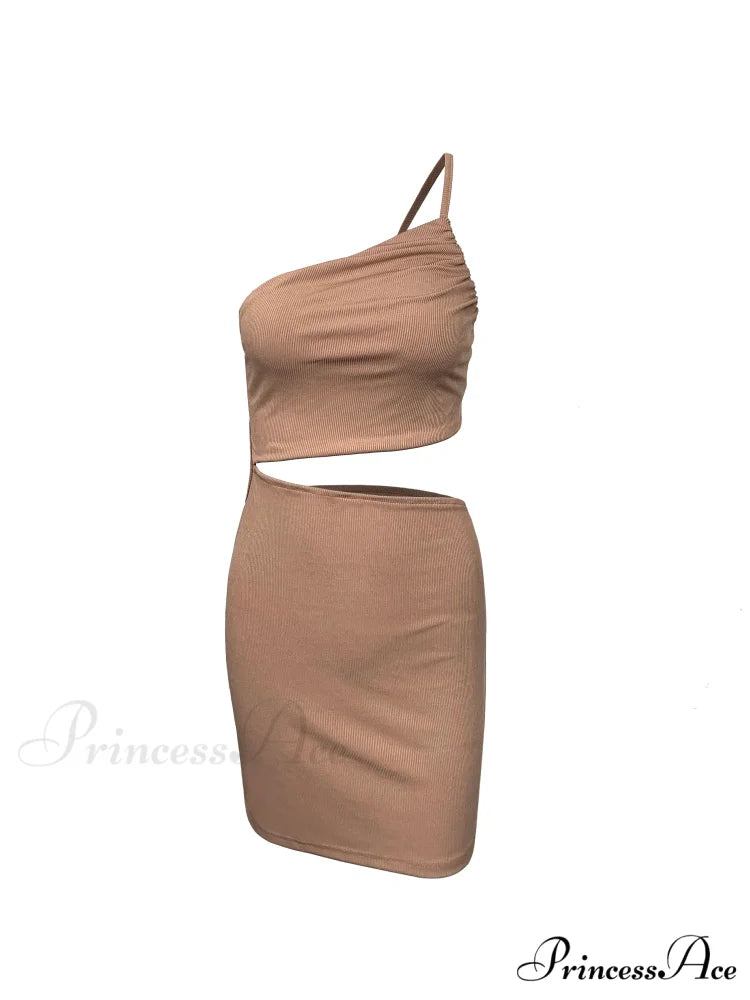 Fashion Hollow Out Side Bra One Shoulder Drawstring Bodycon Mini Dress