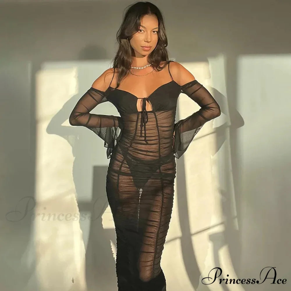 Fashion Mesh See Through Tie Front Maxi Dress