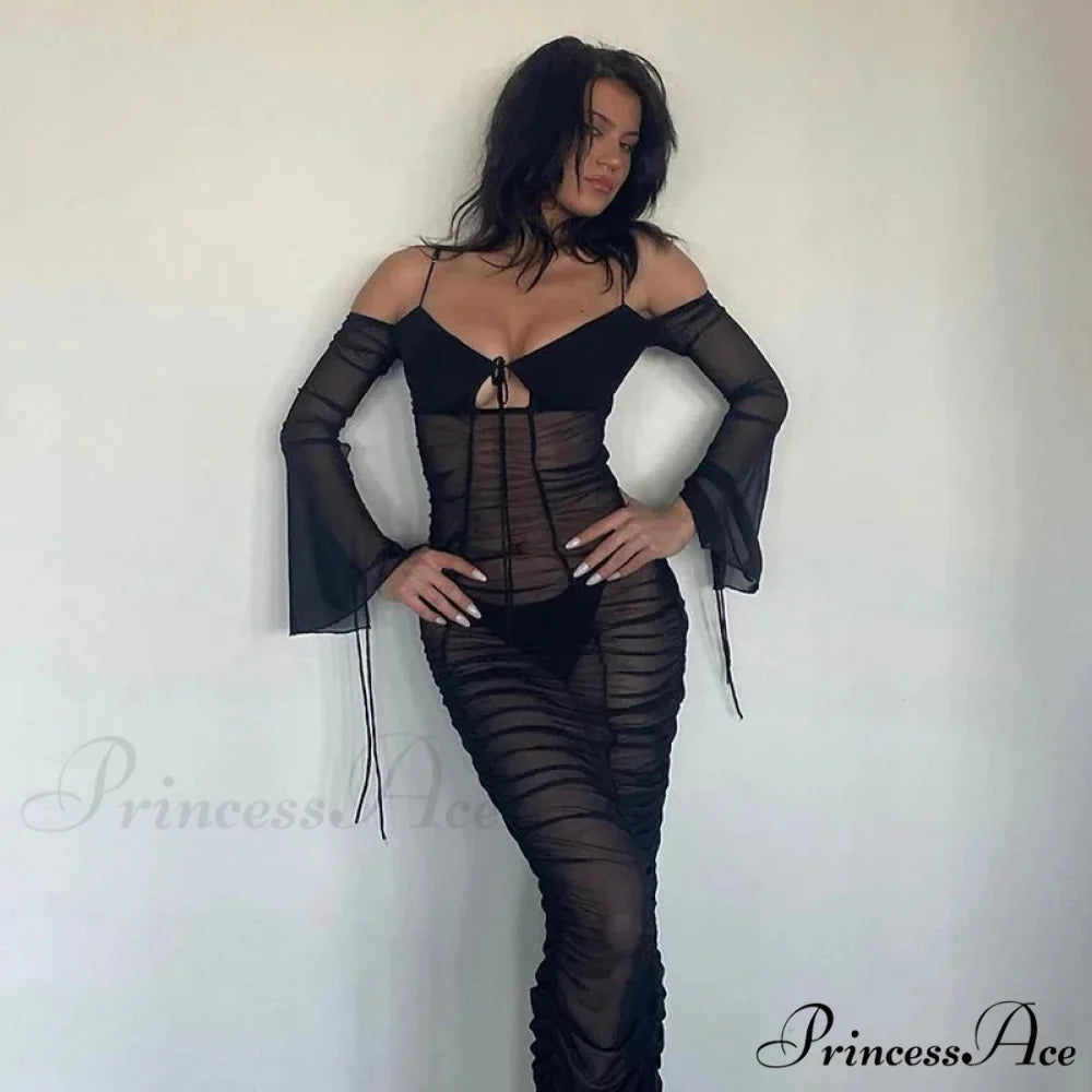 Fashion Mesh See Through Tie Front Maxi Dress