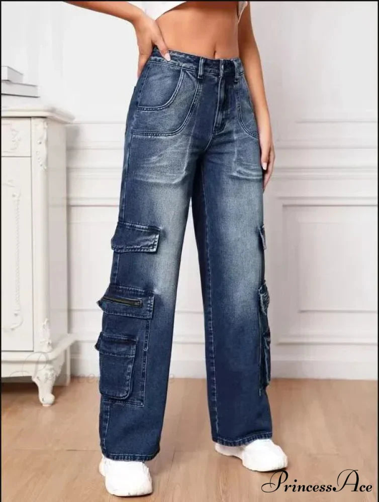 Fashion Multi Pocket Women's High Waist Y2K Loose Cargo Denim Wide Leg Casual Clothing 2024 Fall New S-2XL Jean