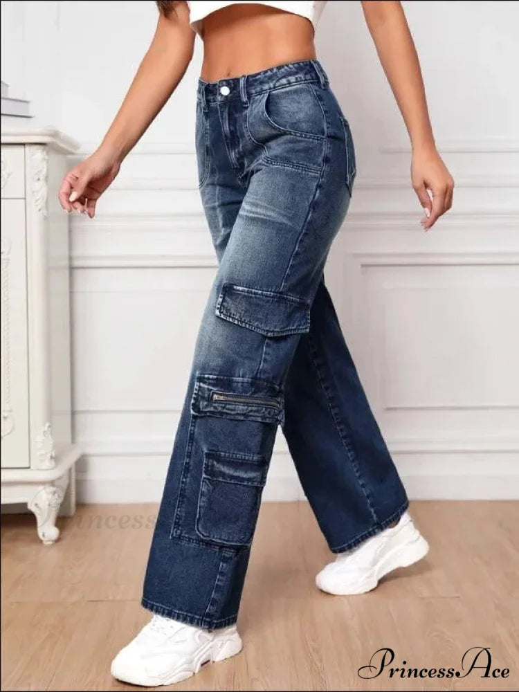 Fashion Multi Pocket Women's High Waist Y2K Loose Cargo Denim Wide Leg Casual Clothing 2024 Fall New S-2XL Jean