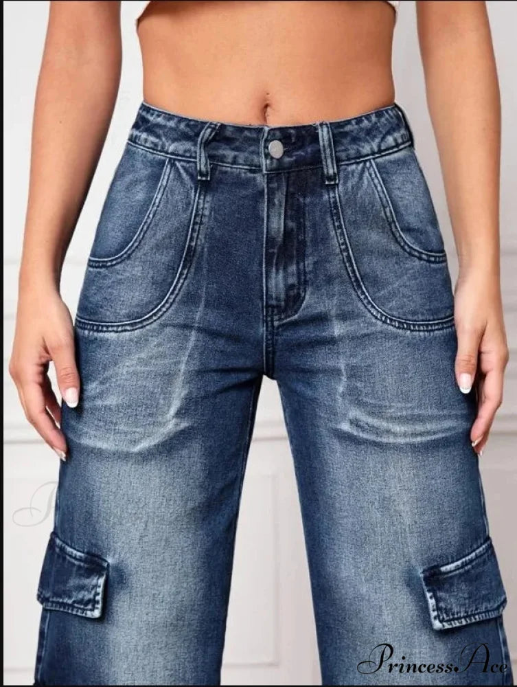 Fashion Multi Pocket Women's High Waist Y2K Loose Cargo Denim Wide Leg Casual Clothing 2024 Fall New S-2XL Jean