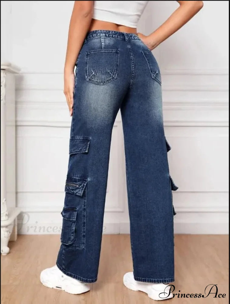 Fashion Multi Pocket Women's High Waist Y2K Loose Cargo Denim Wide Leg Casual Clothing 2024 Fall New S-2XL Jean
