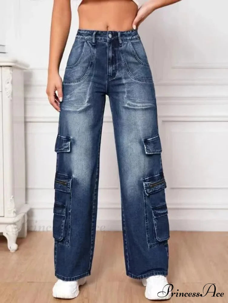 Fashion Multi Pocket Women's High Waist Y2K Loose Cargo Denim Wide Leg Casual Clothing 2024 Fall New S-2XL Jean