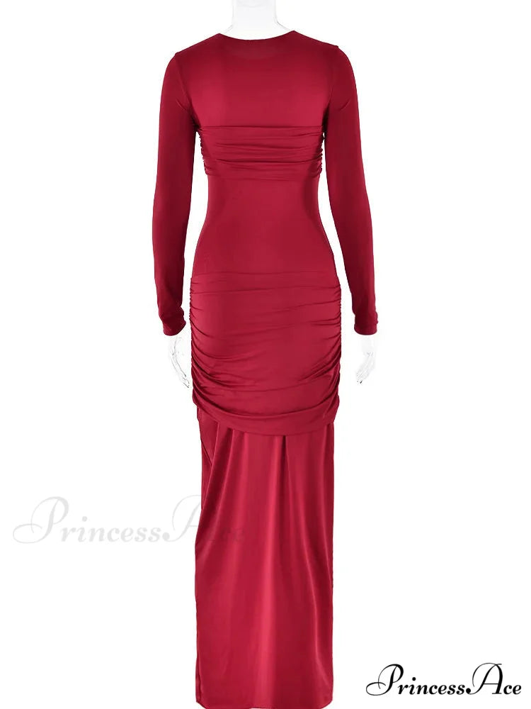 Fashion O-neck Long Sleeve High Waist Bodycon Red Christmas Party Dress