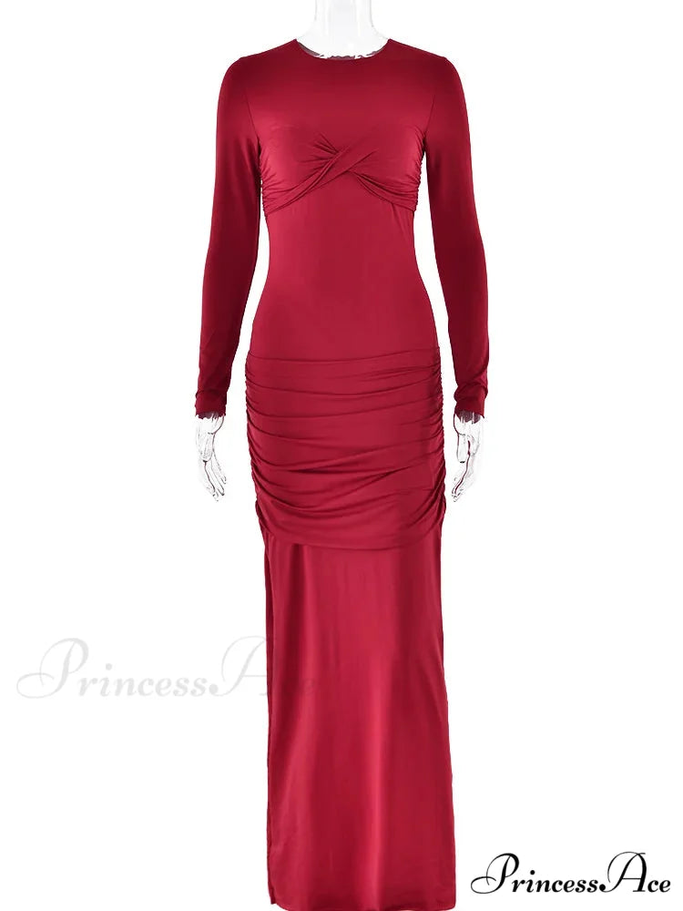 Fashion O-neck Long Sleeve High Waist Bodycon Red Christmas Party Dress