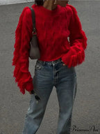 Fashion O-Neck Long Sleeve Patchwork Cropped Red Christmas Sweater