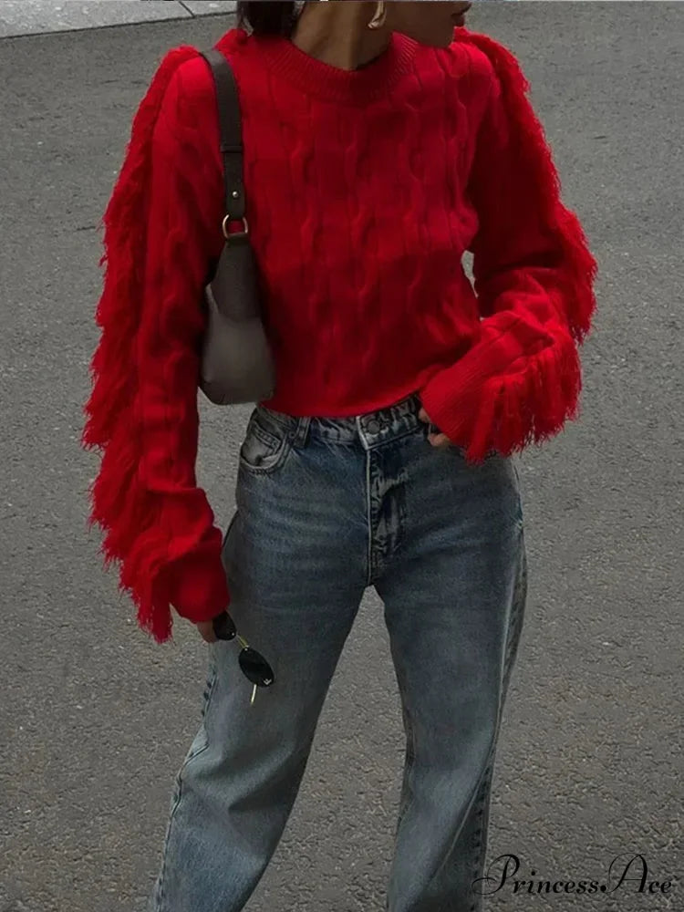 Fashion O-Neck Long Sleeve Patchwork Cropped Red Christmas Sweater