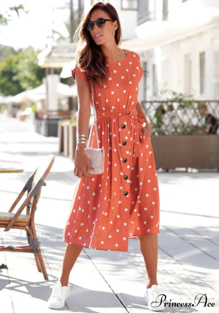 Fashion O Neck Print Polka Dot Dress