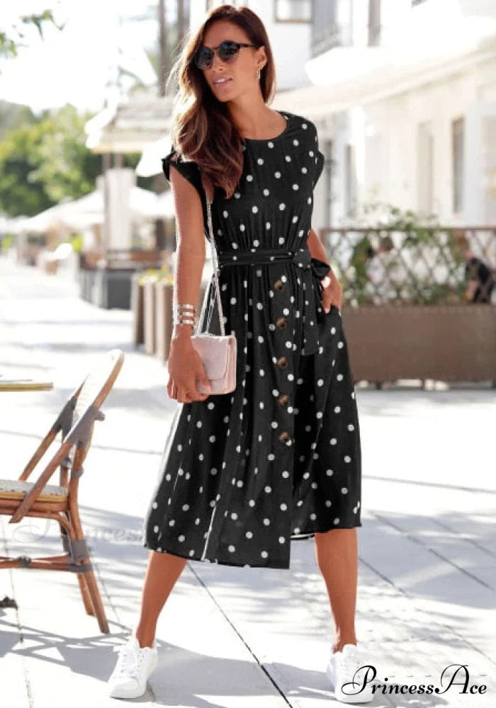 Fashion O Neck Print Polka Dot Dress