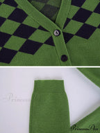 Fashion Plaid Green Cropped Knitted Cardigan