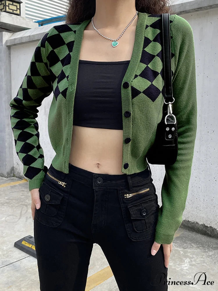 Fashion Plaid Green Cropped Knitted Cardigan
