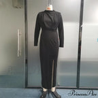 Fashion Pleated High Split Long Sleeve Maxi Dress