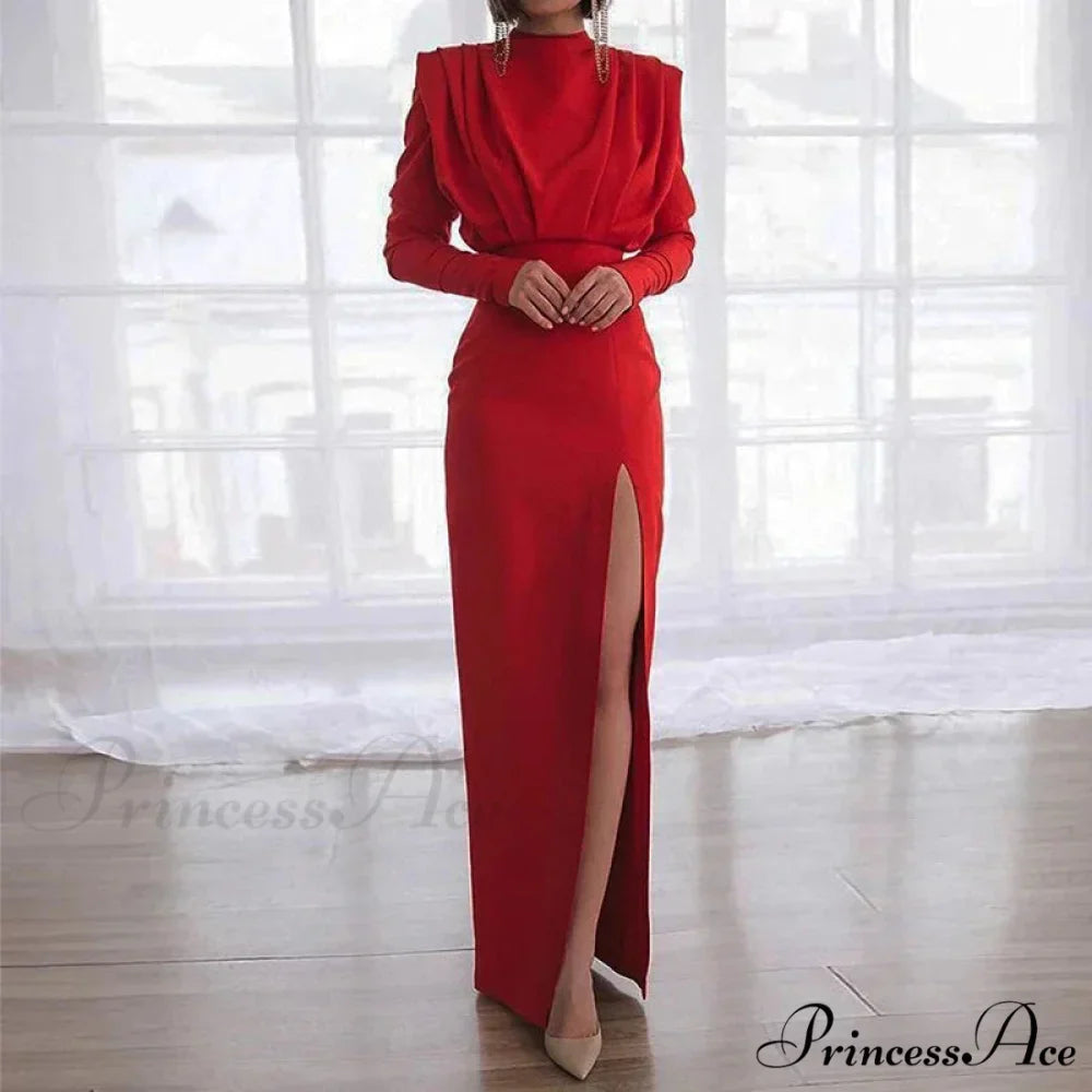 Fashion Pleated High Split Long Sleeve Maxi Dress
