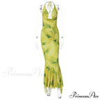 Fashion Print Backless Halter Maxi Dress