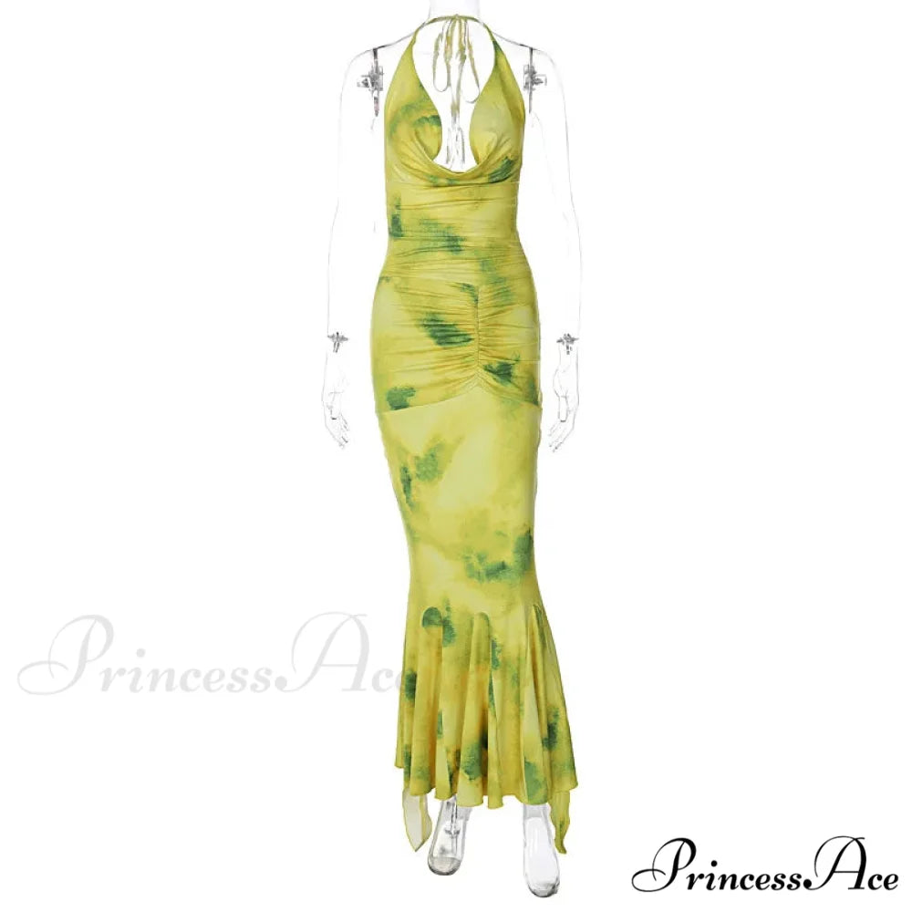 Fashion Print Backless Halter Maxi Dress