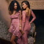 Fashion Print Bandage Corset Long Sleeve Fall Lace Clothes Midi Dress