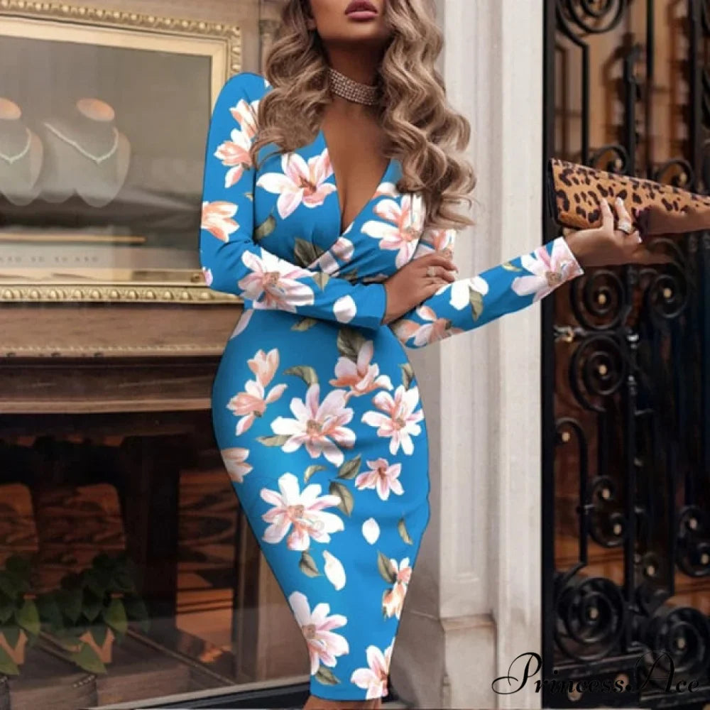 Fashion Print Sexy V-neck Slim Pencil Dresses