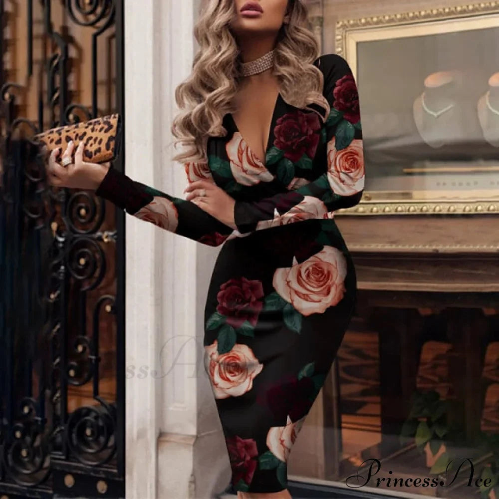Fashion Print Sexy V-neck Slim Pencil Dresses
