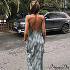 Fashion Print Sleeveless Backless Holiday Slip Maxi Dress
