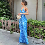 Fashion Print Sleeveless Backless Holiday Slip Maxi Dress