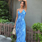 Fashion Print Sleeveless Backless Holiday Slip Maxi Dress