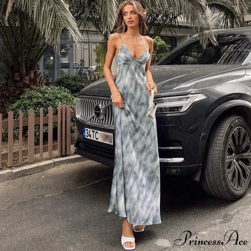 Fashion Print Sleeveless Backless Holiday Slip Maxi Dress