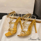 Fashion Rhinestone Buckle Narrow-Band Sandals Square-Toe Wedding Banquet High-Heels Thin Golden High Heel