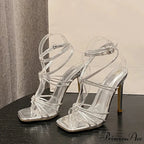 Fashion Rhinestone Buckle Narrow-Band Sandals Square-Toe Wedding Banquet High-Heels Thin Golden High Heel