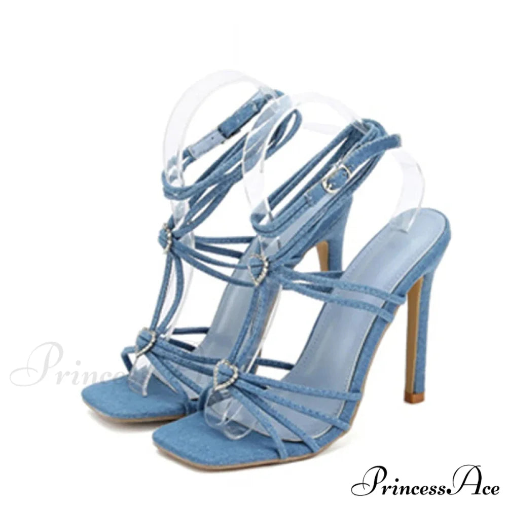 Fashion Rhinestone Buckle Narrow-Band Sandals Square-Toe Wedding Banquet High-Heels Thin Golden High Heel