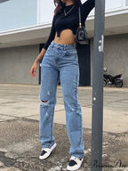 Fashion Ripped High Waist Straight Denim Pants