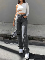 Fashion Ripped High Waist Straight Denim Pants