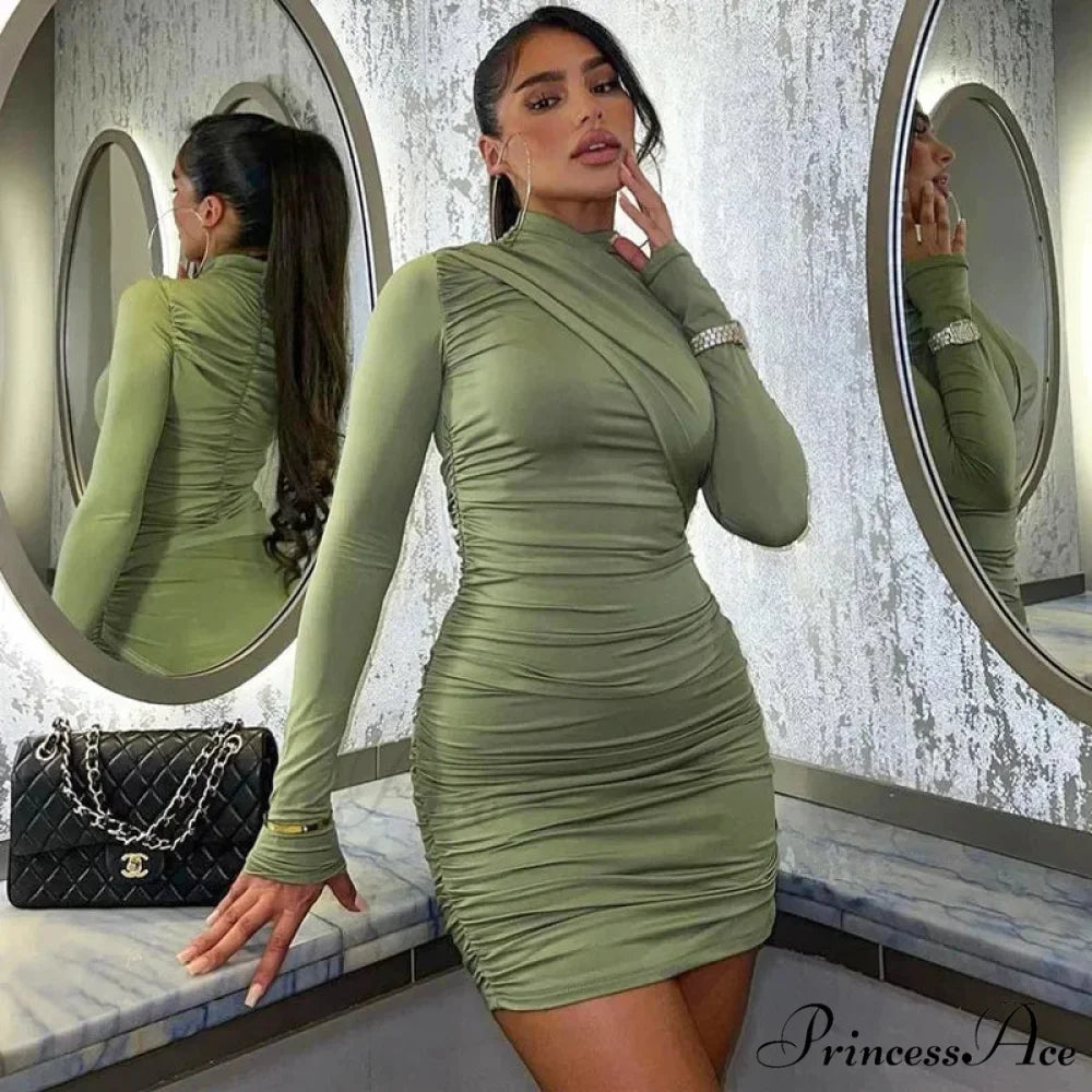 Fashion Ruched Bodycon Long Sleeve Club Mini Dress