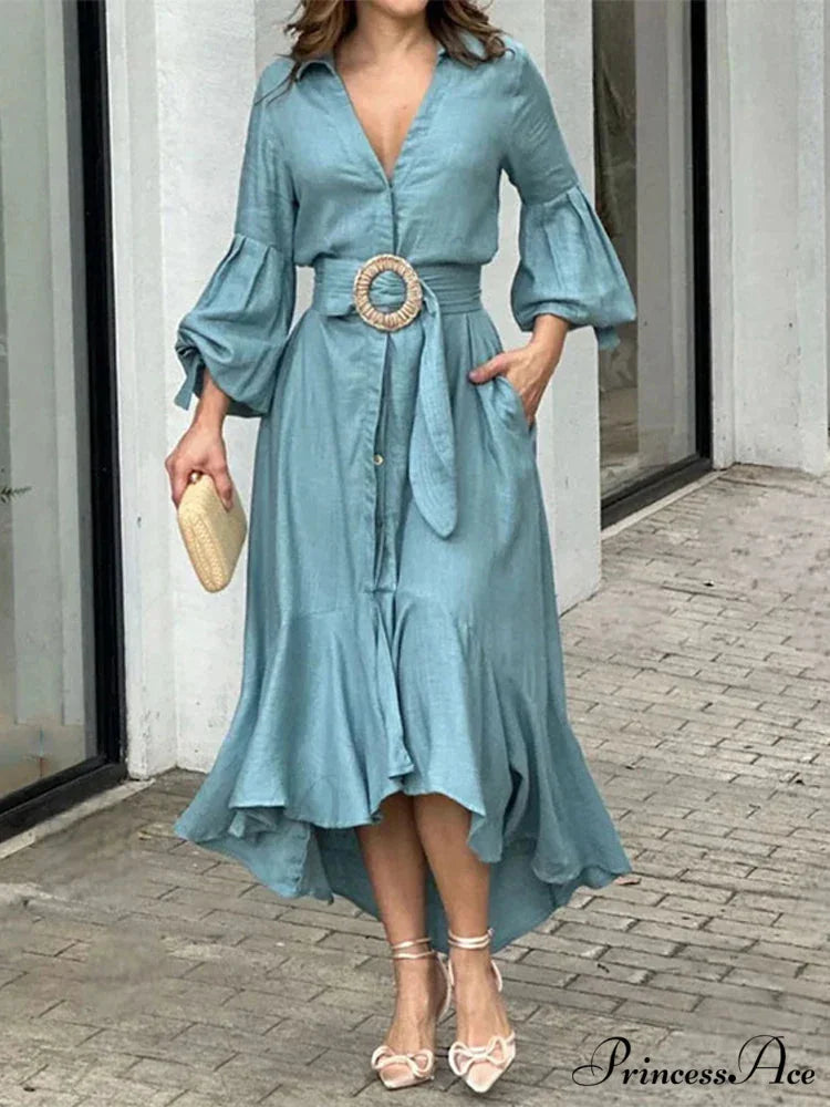 Fashion Ruffle Women's Shirt Casual V Neck Lantern Sleeve With Pocket Long Skirt 2024 Spring Lady Streetwear Midi Dress