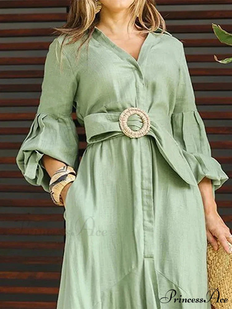 Fashion Ruffle Women's Shirt Casual V Neck Lantern Sleeve With Pocket Long Skirt 2024 Spring Lady Streetwear Midi Dress