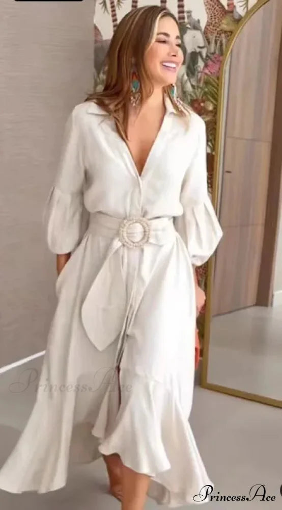 Fashion Ruffle Women's Shirt Casual V Neck Lantern Sleeve With Pocket Long Skirt 2024 Spring Lady Streetwear Midi Dress