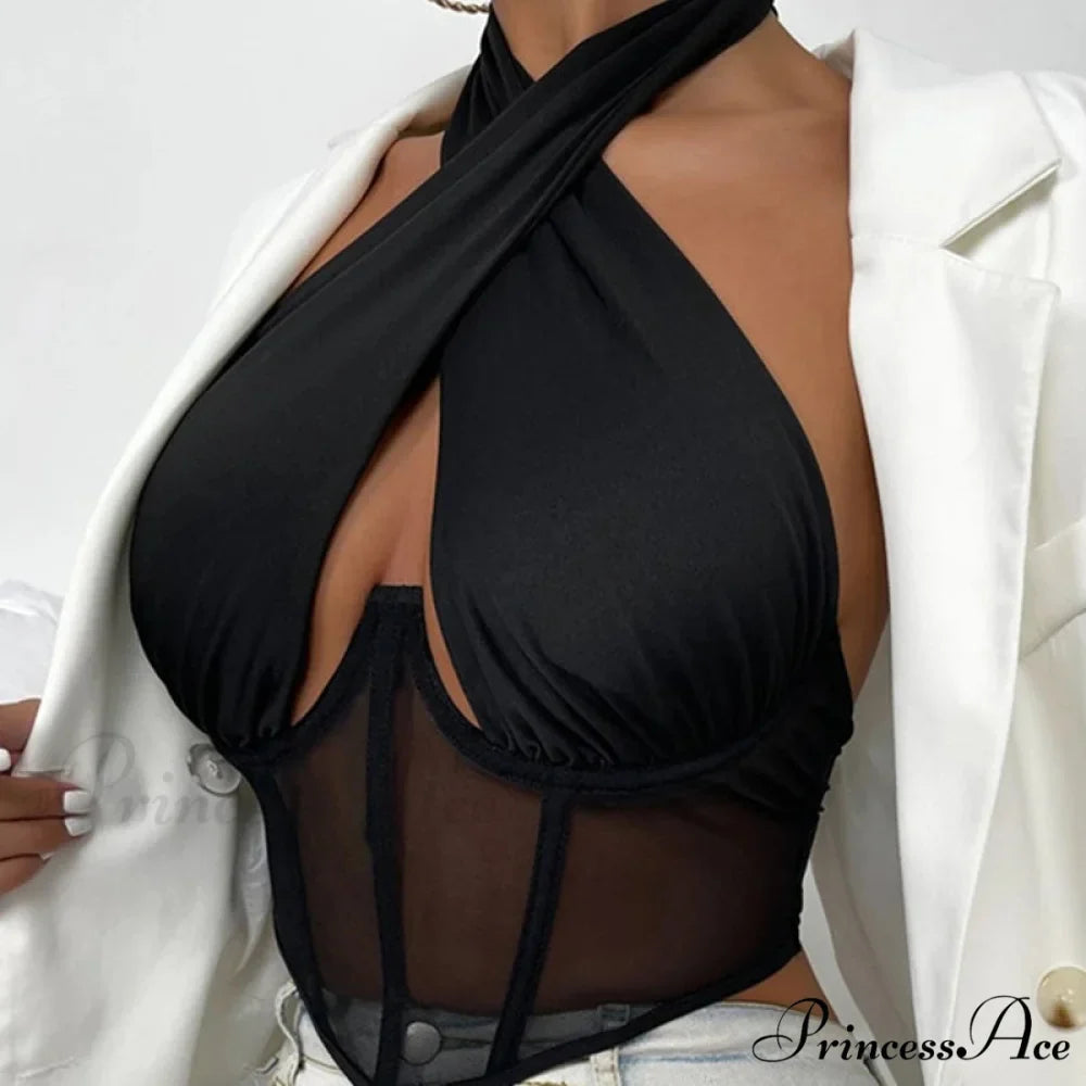 Fashion Sexy Hollow Tie-Up Halter Backless See-Through Mesh Stylish Elegant Trendy Crop Top