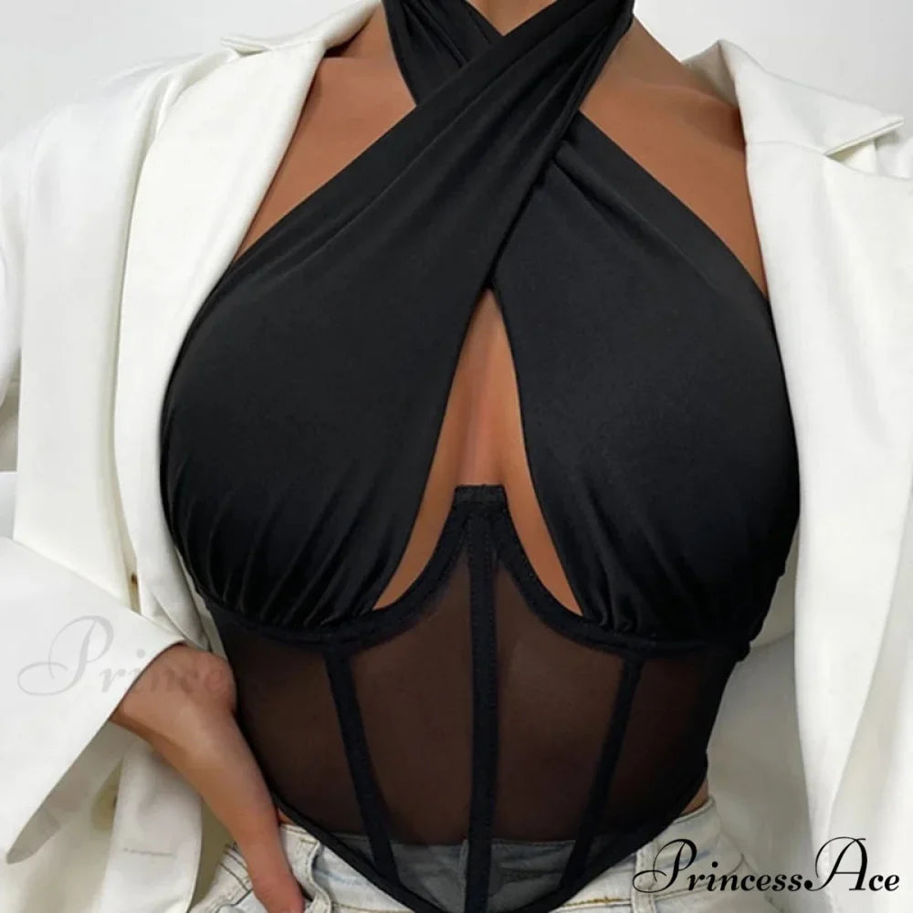 Fashion Sexy Hollow Tie-Up Halter Backless See-Through Mesh Stylish Elegant Trendy Crop Top