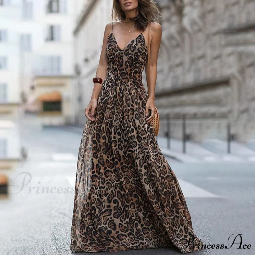Fashion Sexy Leopard V-Neck Sling Maxi Dresses