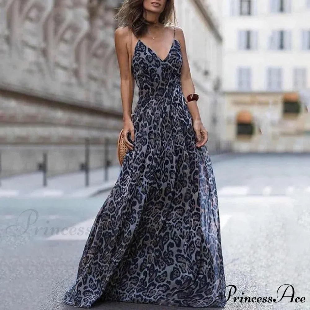Fashion Sexy Leopard V-Neck Sling Maxi Dresses