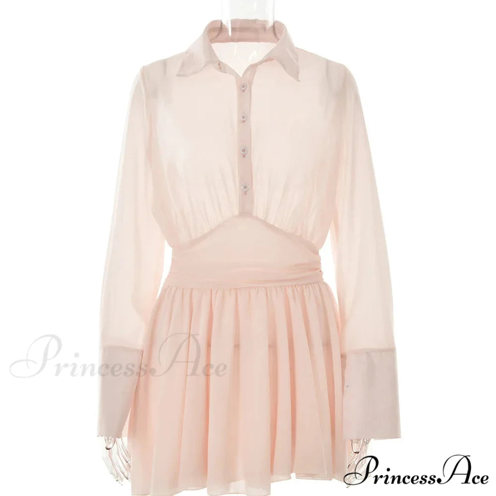 Fashion Single Breasted Pleated Sheer Mini Dress