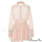 Fashion Single Breasted Pleated Sheer Mini Dress