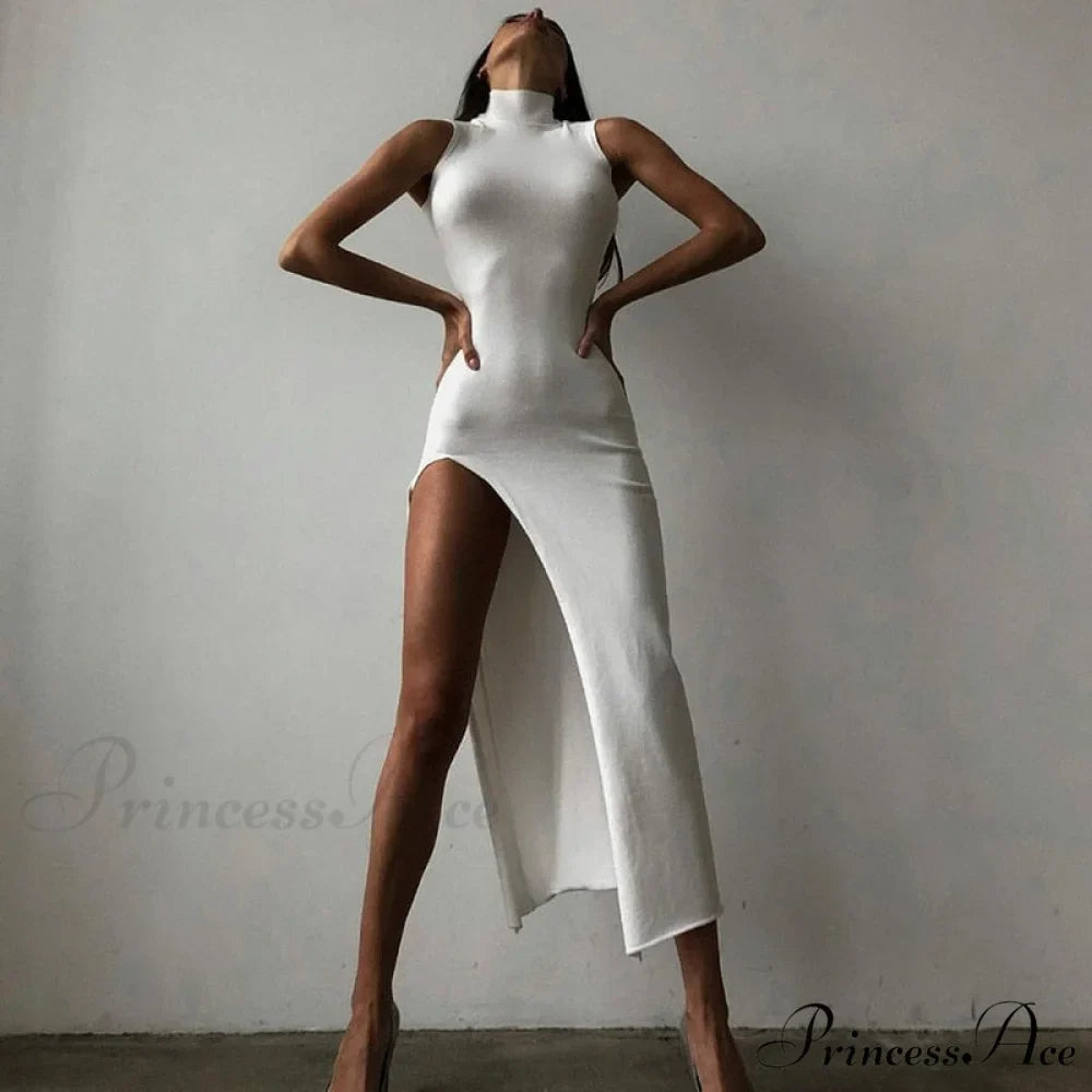 Fashion Sleeveless Elegant Party Club White Split Long Dress