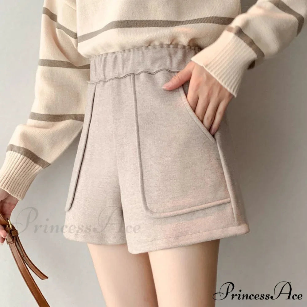 Fashion Solid Wide Leg Woolen Shorts