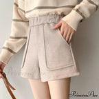 Fashion Solid Wide Leg Woolen Shorts