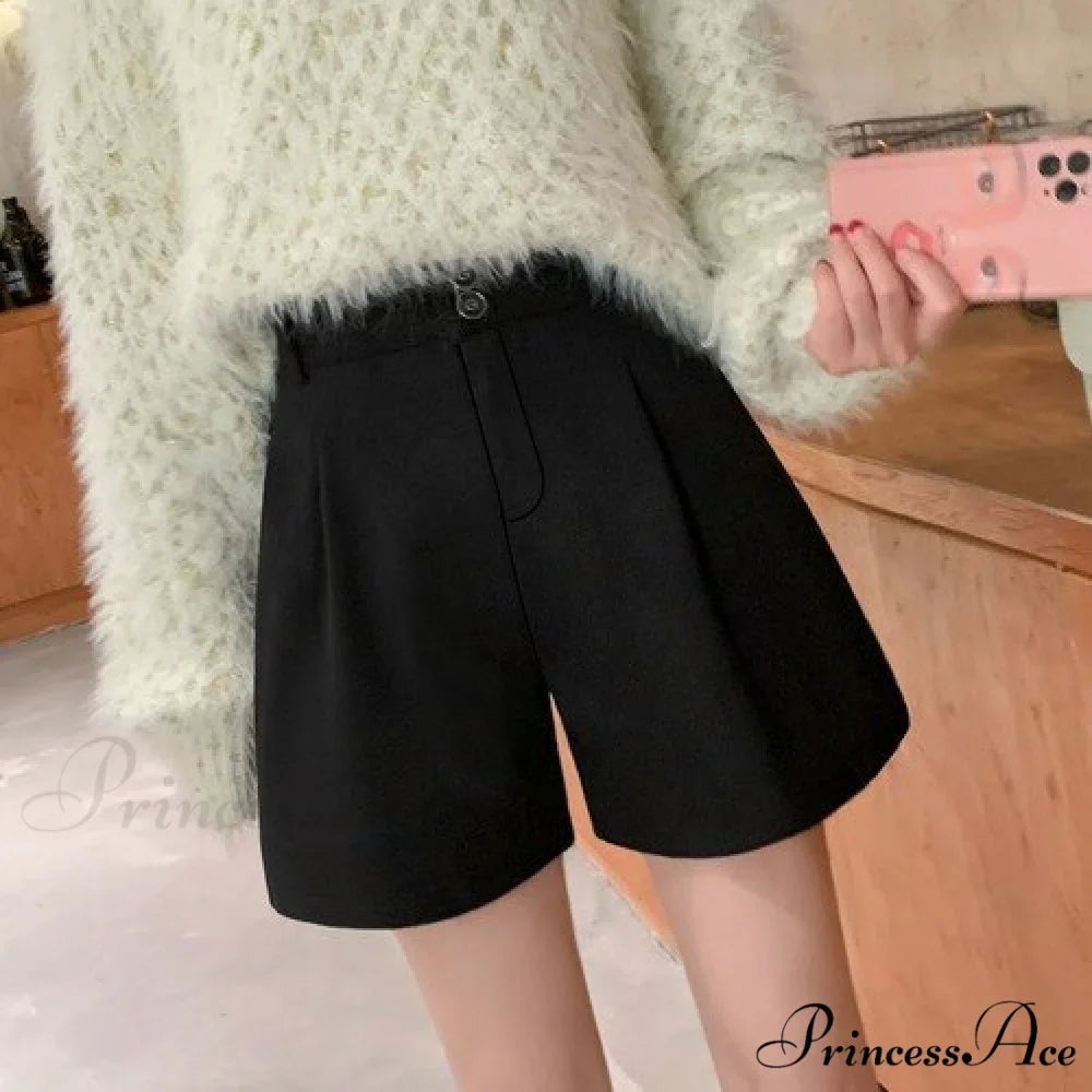 Fashion Solid Wide Leg Woolen Shorts