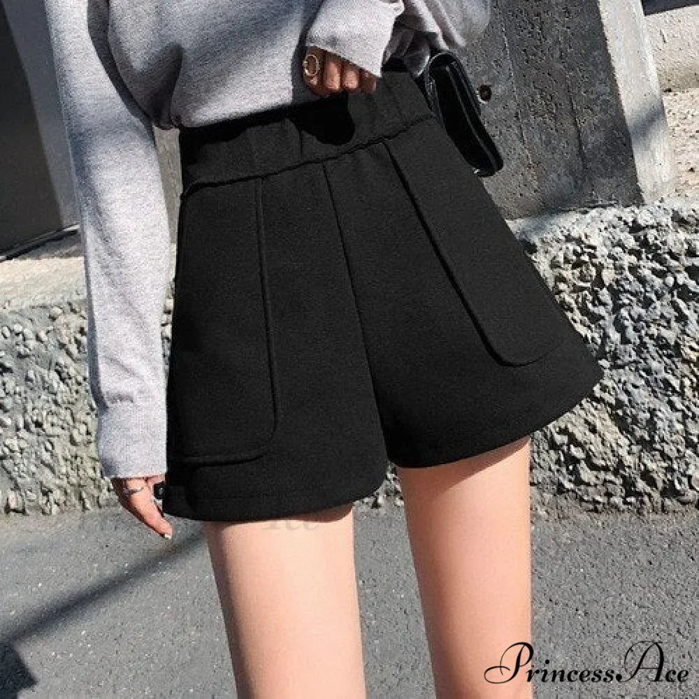 Fashion Solid Wide Leg Woolen Shorts