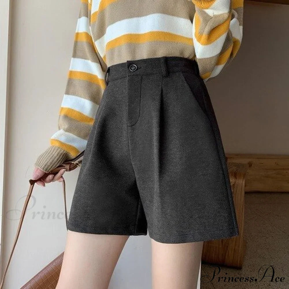 Fashion Solid Wide Leg Woolen Shorts