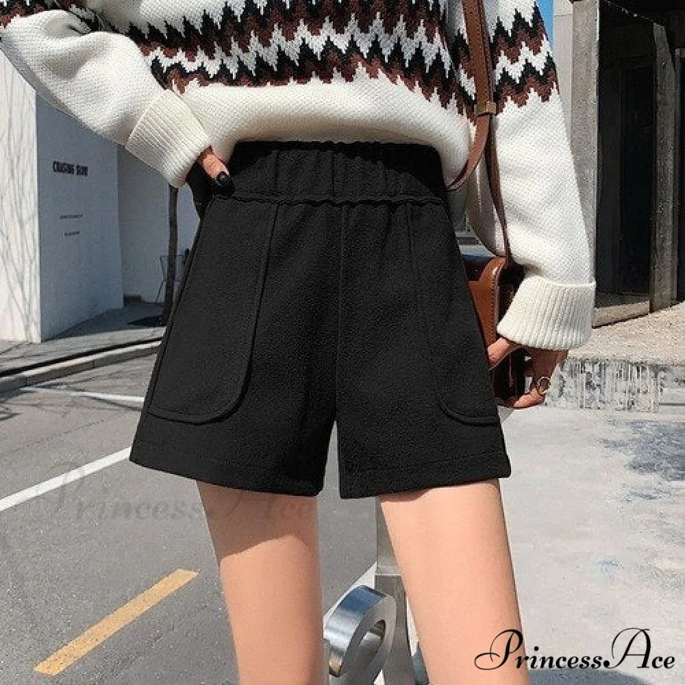 Fashion Solid Wide Leg Woolen Shorts